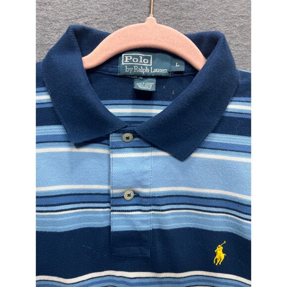Polo Ralph Lauren Polo Blue/White Stripe Knit Yellow Pony Mens Size Large - Picture 6 of 9